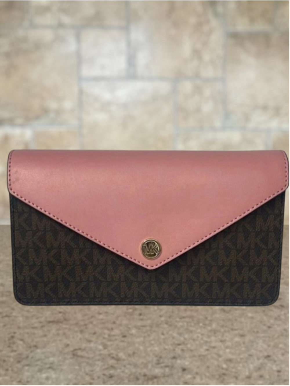 Michael Kors Small Envelope Crossbody Pink & Brown MK Signature Logo Primrose